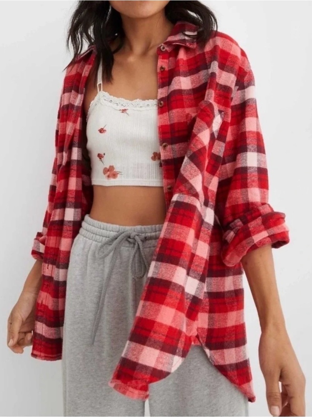 Aerie Oversized Cotton Flannel Long Sleeve Size Large